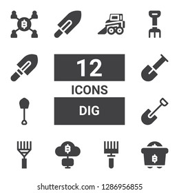 dig icon set. Collection of 12 filled dig icons included Mining, Rake, Shovel, Backhoe