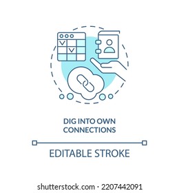 Dig into own connections turquoise concept icon. Sales prospecting technique abstract idea thin line illustration. Isolated outline drawing. Editable stroke. Arial, Myriad Pro-Bold fonts used