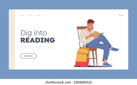 Dig into Reading Landing Page Template. Young Man Student Sitting on Chair with Book in Hands. Male Character Bookworm Reading Textbook, Education, Learning, Knowledge. Cartoon Vector Illustration