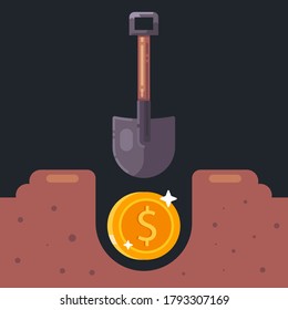 dig an old coin in the ground. look for treasures. flat vector illustration.