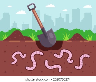 dig worms for fishing. shovel digs a hole. flat vector illustration.