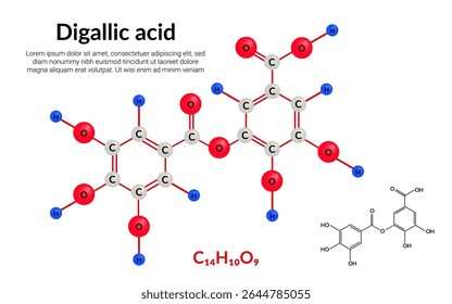 Ácido digálico, composto polifenólico, fórmula de estrutura molecular, modelo bola-e-vara, adequado para a educação ou conteúdo da ciência química. Ilustração vetorial