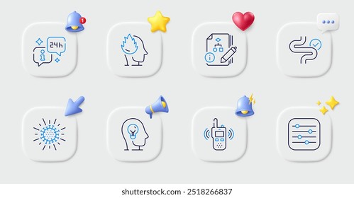 Iconos de digestión, algoritmo y línea Filtrar. Botones con campana 3D, discurso de chat, cursor. Paquete de Coronavirus, Transmisor, Icono de salud mental. Info, Pictograma de estrés. Para el App del Web, imprimiendo. Vector