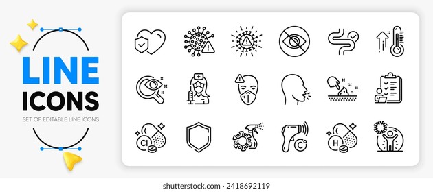 Digestion, Checklist and Coronavirus line icons set for app include Vitamin h, Coronavirus spray, Vision test outline thin icon. Skin moisture, Chlorine mineral, Life insurance pictogram icon. Vector