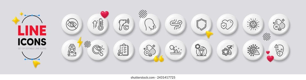 Verdauung, Checkliste und Corona-Liniensymbole. Weiße Schaltflächen 3D-Symbole. Packung Vitamin H, Coronavirus-Spray, Vision-Test-Symbol. Hautfeuchtigkeit, Chlormineral, Lebensversicherungspiktogramm. Vektor