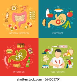 Digestion concept icons set with intestinal microflora and proper diet symbols flat isolated vector illustration 