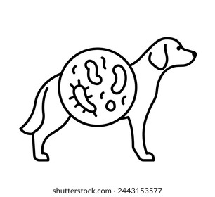 Digestion of dog, line icon. Canine silhouette and bacterials, cells, parasites. Veterinary, dog nutrition, vet clinic, digestion. Linear illustration, editable strokes, vector, pictogram