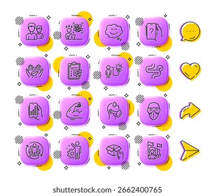 Iconos de línea de App de digestión, empleado y análisis. App 3D Botones. Los medios sociales comentan, comparten, les gustan los iconos. Paquete de Hold box, hombre enfermo, icono de trabajo en equipo. Vector