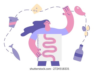 Concepto de sistema de digestión y gastronomía. Joven mujer sonriente personaje de dibujos animados de pie mostrando su digestión con volando alrededor de productos alimentos Ilustración vectorial