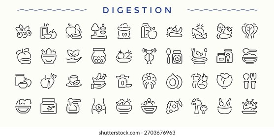 Conjunto de iconos de digestión. Conjunto de iconos modernos digestivos. Colección de símbolo de contorno. Con gástrico, órgano, intestino, cuerpo, salud y más. Trazo editable. colección de Vector.
