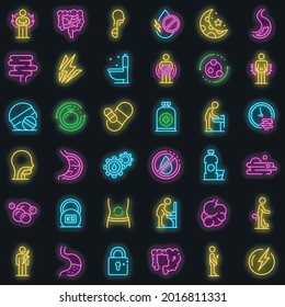 Bildsymbole gesetzt. Rahmenset der Verdauungsvektorsymbole auf Schwarz mit Neonfarbe