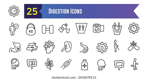 Conjunto de iconos de digestión. Conjunto de iconos de vectores de digestión para el diseño de ui. Colección de iconos de esquema. Trazo editable.