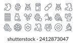 Digestion, intestine, stomach, and probiotics editable stroke outline icons set isolated on white background flat vector illustration. Pixel perfect. 64 x 64.