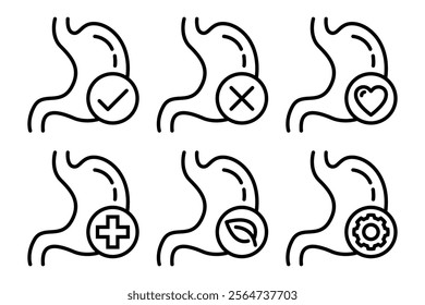 Digestion line icon set. Digestion logo, label, badge, sticker, symbol, emblem, stamp, banner, circle, black, line, flat vector, isolated illustration. Ready stock label for product packaging design.