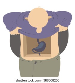 Digestion system. Funny man looks inside his stomach 

