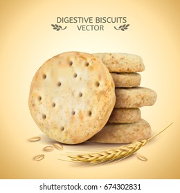 Digestive biscuits element, close up look at cookies and wheat in 3d illustration