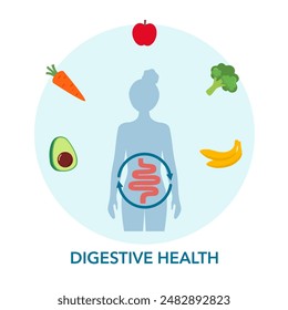 Digestive health concept. Intestinal health. Female figure with intestine and fibers food symbols.