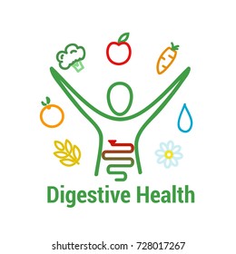 Digestive Health Concept. Intestinal Health And Well Being Symbol With Human Figure, Fruits, Vegetables, Water And Fibers Food Symbols. Vector Illustration