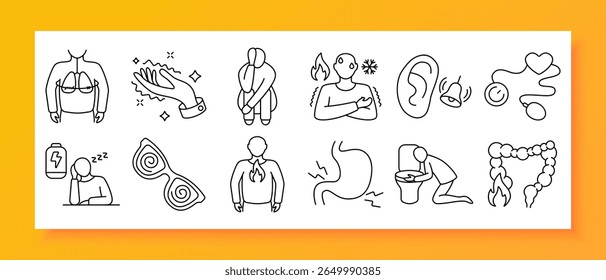 Ícone do conjunto de integridade digestiva. Ícones de linha fina com dor de estômago, náuseas, vômitos, queimadura do cólon, cansaço, tontura, azia, inchaço, fezes, dor de ouvido e sintomas de contorno corporal
