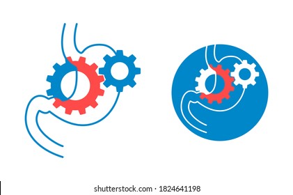Digestive laxative system icon in 2 versions - human stomach with gear box mechanism inside - for gastro medical drugs packaging  - isolated vector emblem 