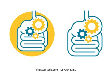 Digestive laxative system icon or emblem - human stomach associated with gear box mechanicm - for gastro medical drugs packaging - isolated vector gastroenterology symbol