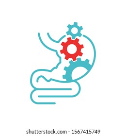 Digestive laxative system icon - human stomach with gear box mechanism inside - for gastro medical drugs packaging  - isolated vector emblem 