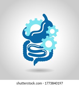 Digestive laxative system icon - human stomach with gear box mechanicm inside - for gastro medical drugs packaging  - isolated vector emblem 