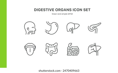 Verdauungsorgane Symbole gesetzt. Isolierte Illustrationen von Magen, Leber, Pankreas, Darm, Mund und Speiseröhre. Lineare Vektorgrafik Pack auf weißem Hintergrund.