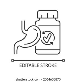 Digestive Supplements Linear Icon. Digestion Support Pills. Enzymes For IBS. Enzyme Insufficiency. Thin Line Customizable Illustration. Contour Symbol. Vector Isolated Outline Drawing. Editable Stroke