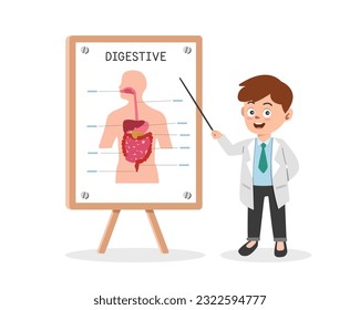 Digestive system clipart cartoon. Doctor presenting human digestive system at medical seminar flat vector illustration. Gastrointestinal tract, liver, stomach, intestine. Doctor conference concept