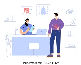 Digestive system disease. Doctor appointment, treatment and help in the medical office. Patient visits the clinic and gets gastroenterologist consultation and help. Isolated flat vector illustration