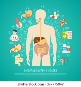 Digestive system diseases with human body on green background flat vector illustration 