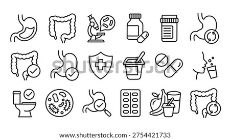 Digestive System and Gut Health Vector Icon Set: Probiotics, Stomach, Intestines, Healthy Digestion, and Microbiome Research. Eps Editable Stroke Illustrations for Medical and Wellness Design.