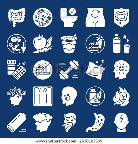 Digestive system health icon set. Healthy intestine and signs of unhealthy gut. Vector illustration