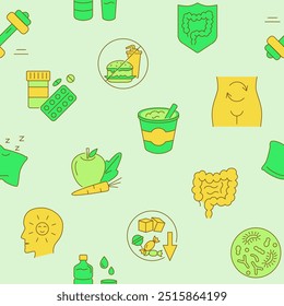 Digestive system health seamless pattern. Healthy food, stay hydrated. Vector illustration.
