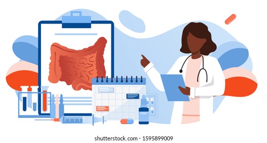 Digestive System Health. Treat Dysbiosis, Harmful Bacteria, Intestine Doctor Examine. Doctor Appointment. Online Consultation. Human Anatomy Healthcare Medical Concept. For Landing Page, Banner, Flyer