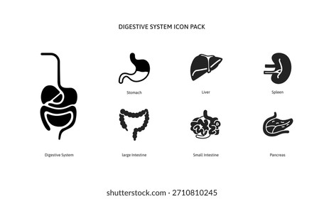 Sistema digestivo y cuerpo interno humano icono de órgano conjunto para la educación médica. Iconos gráficos del glifo de la ciencia de la salud de la sección del intestino de la anatomía para el tratamiento de la información de la biología de la infografía o de la enfermedad.