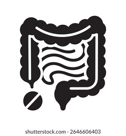 Ícone do sistema digestivo com intestino e pílula representando o suplemento probiótico da saúde intestinal e a função enzimática para digestão saudável e vetor de metabolismo ícone de glifo sólido