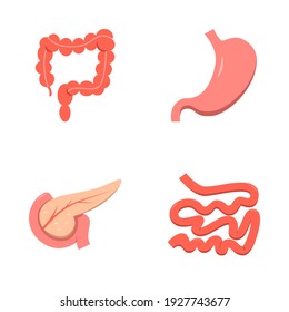 Digestive System Icon Set In Flat Style. Small And Large Intestine, Stomach And Pankreas Symbols. Human Internal Organs. Vector Illustration.