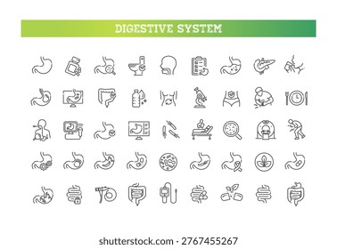 Digestive System Icons Set. Gastroenterology, Stomach, Intestine, Medical Line Icons