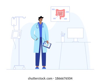 Digestive system and Intestine disease. Doctor appointment, treatment and help in the medical office. Human internal organ transplantation and donation. Gastroenterologist consultation illustration.