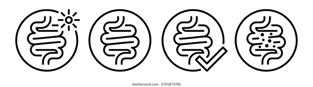 Digestive system medical icon collection, linear contour symbols including health, gut, digestion, bacteria, and biology.