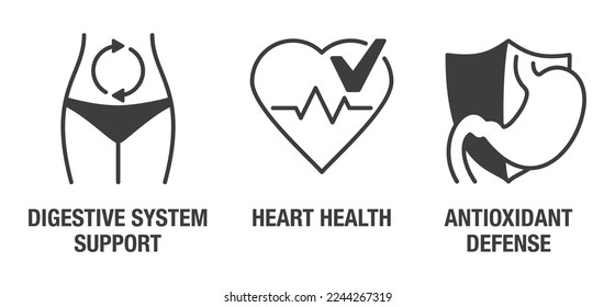 Digestive System Support, Heart Health, Antioxidant Defense - flat icons set for nutrient supplements