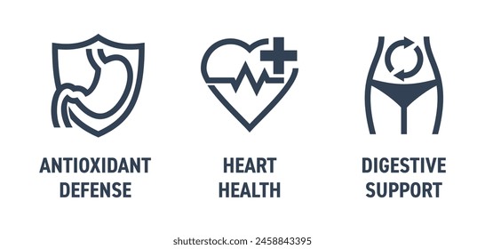 Verdauungssystem-Support, Herzgesundheit, Antioxidans-Abwehr - gewagte Icons für Nahrungsergänzungsmittel