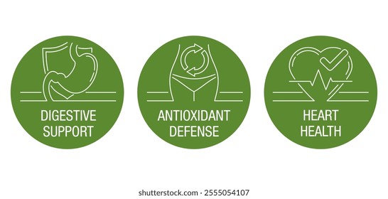 Digestive System Support, Heart Health, Antioxidant Defense - circular badges set for nutrient supplements