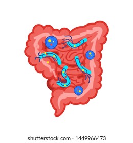 Digestive tract with bacteria, virus. Medicine, biology concept. Large intestine Gastrointestinal tract