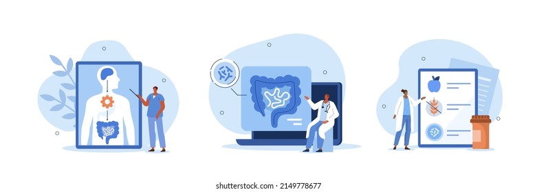Digestive Tract Diseases Illustration Set. Doctor Inspecting Brain Intestine Connection, Gut Microbiota And Recommending Healthy Diet. Gastroenterology Health Concept. Vector Illustration.
