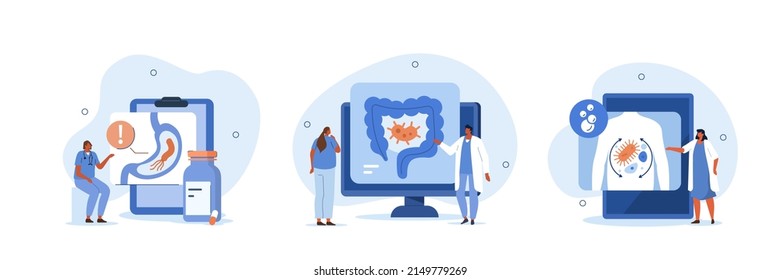 Digestive Tract Diseases Illustration Set. Doctor Gastroenterologist Inspecting Stomach And Intestine Microflora. Gastroenterology Problems Caused By Bad Intestinal Bacteria. Vector Illustration.