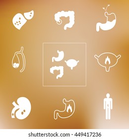 digestive urinary problems / medical symptoms / health problems / disorders icons set on blurred background
