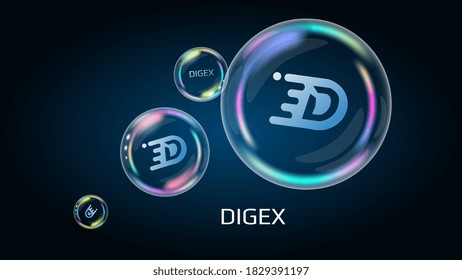 Símbolo DIGEX en burbuja de jabón, moneda DeFi proyecto financiación descentralizada. La pirámide financiera estallará pronto y se destruirá. EPS10 vectores.